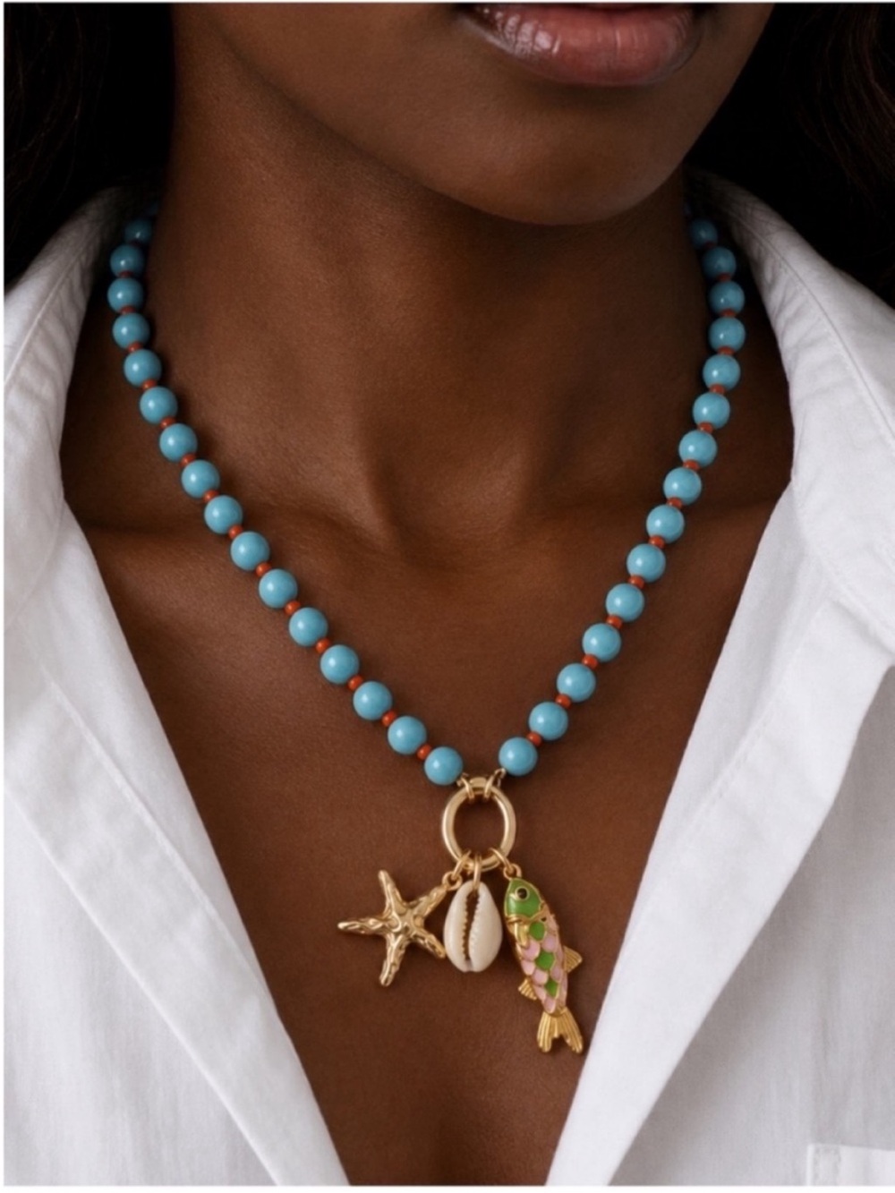 New! Coastal Blue Beaded Gold Fish Charm Necklace NWOT 1049